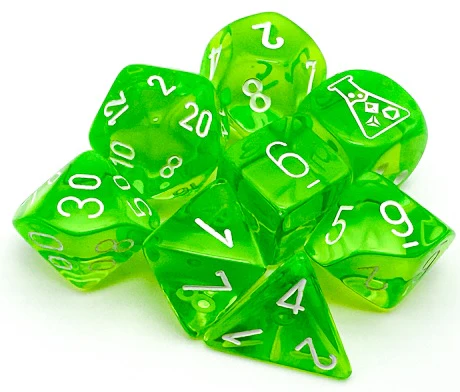 Chessex "Translucent Rad Green/White" Lab Dice 7-Dice Set (CHX30062) - Image 2
